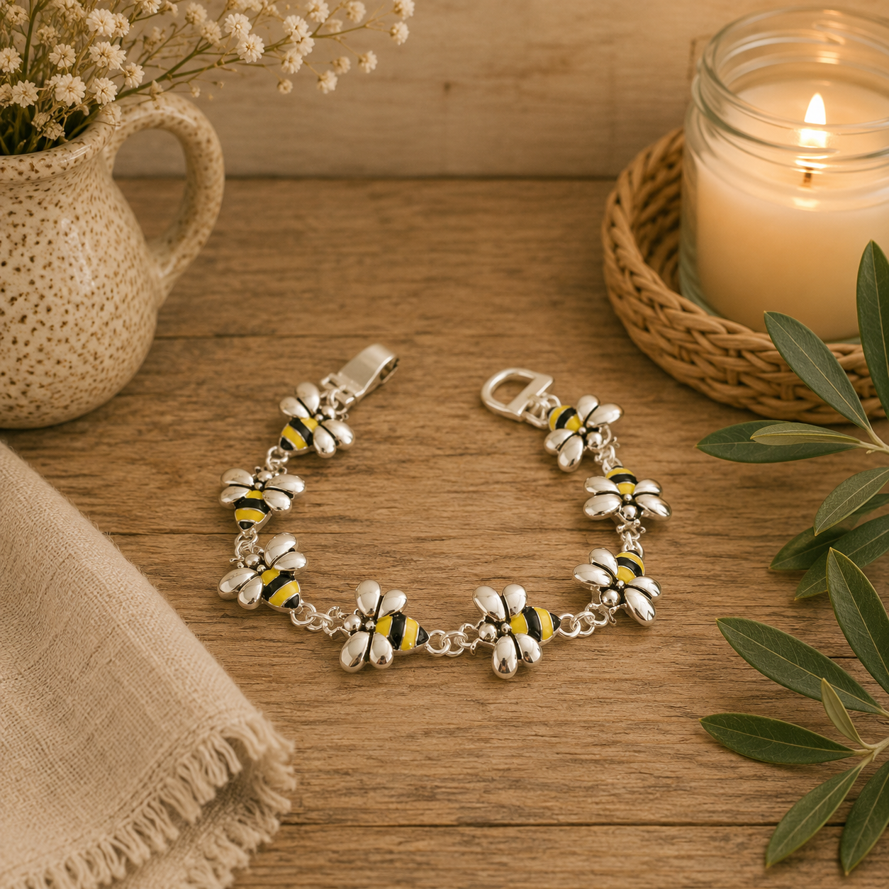 Bumble Bee Enamel Charm Link Bracelet