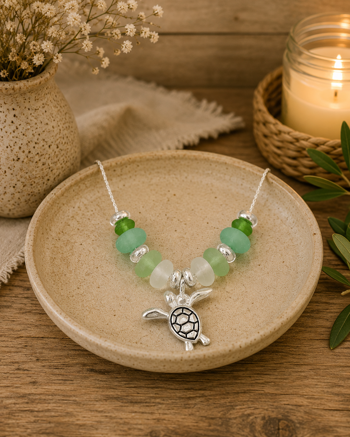 Sea Glass Bead Sea Turtle Charm Necklace