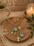Turquoise & Gold Cross Charm Necklace & Earring Set