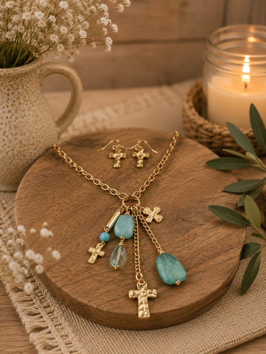 Turquoise & Gold Cross Charm Necklace & Earring Set