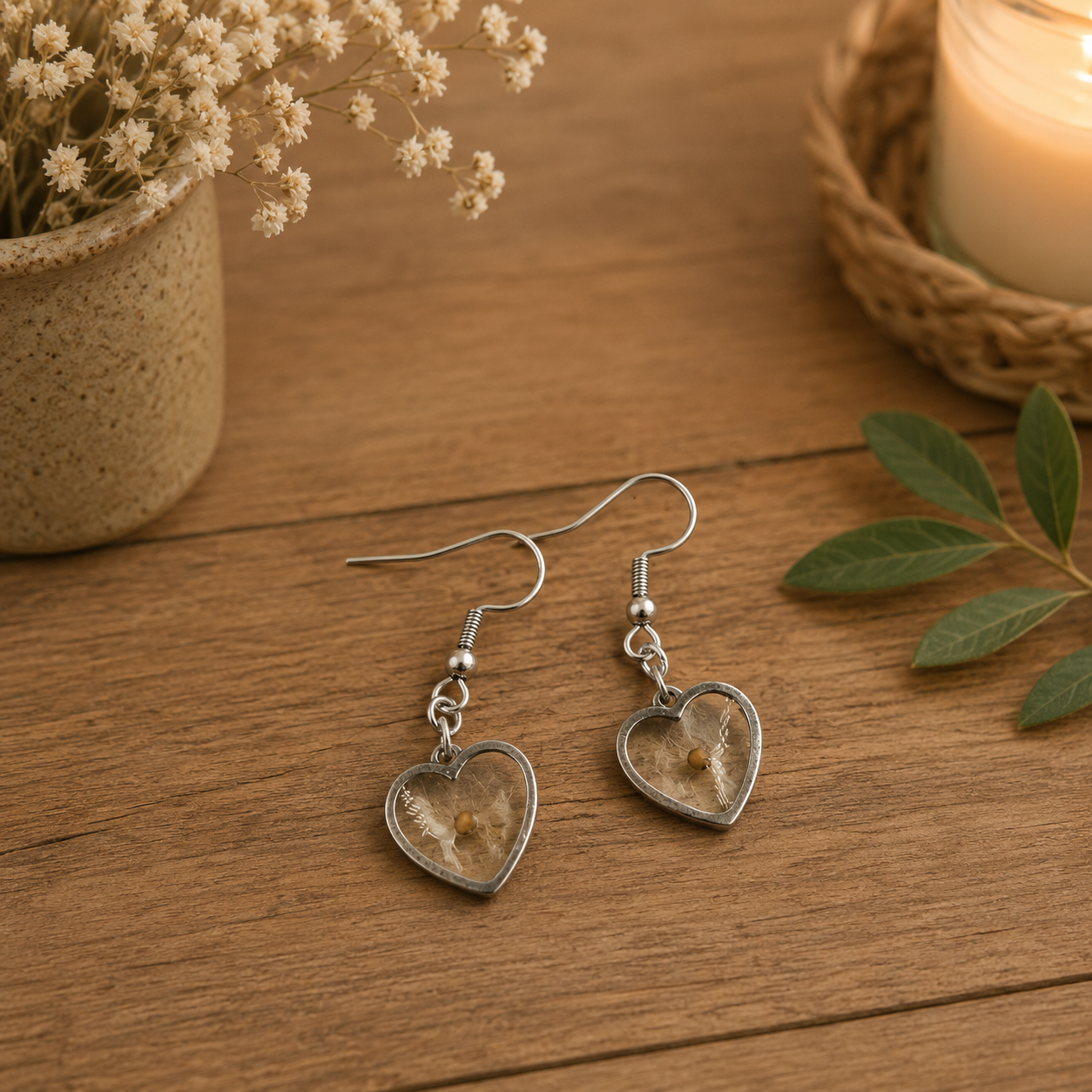 Pressed Seed Heart Resin Drop Earrings
