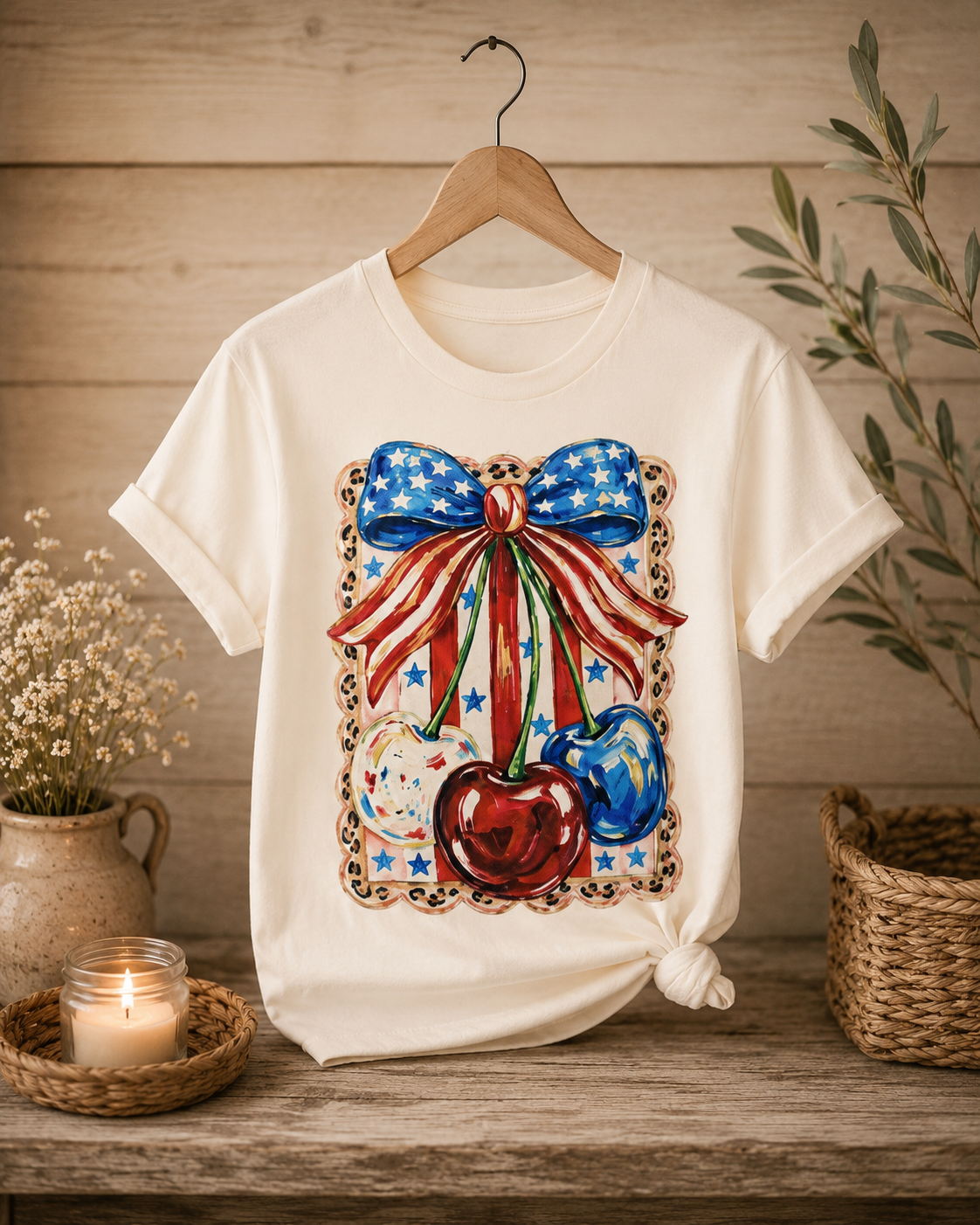 Patriotic Cherry Bow Leopard Frame Graphic Tee