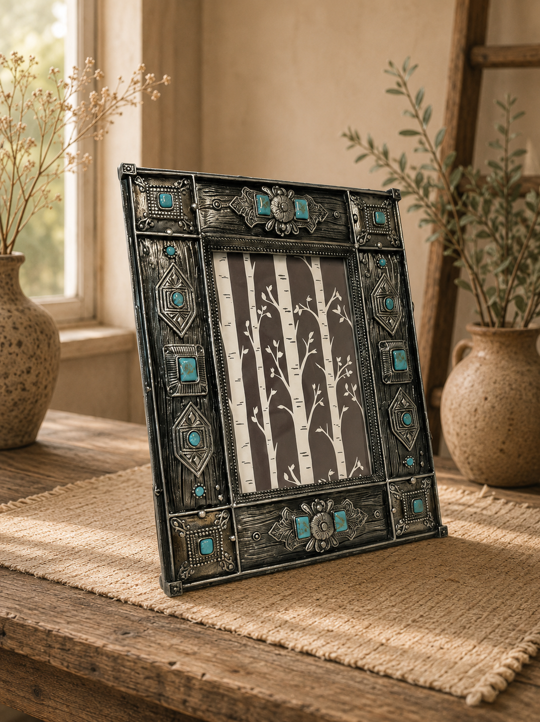 Turquoise & Antique Silver Embossed Photo Frame