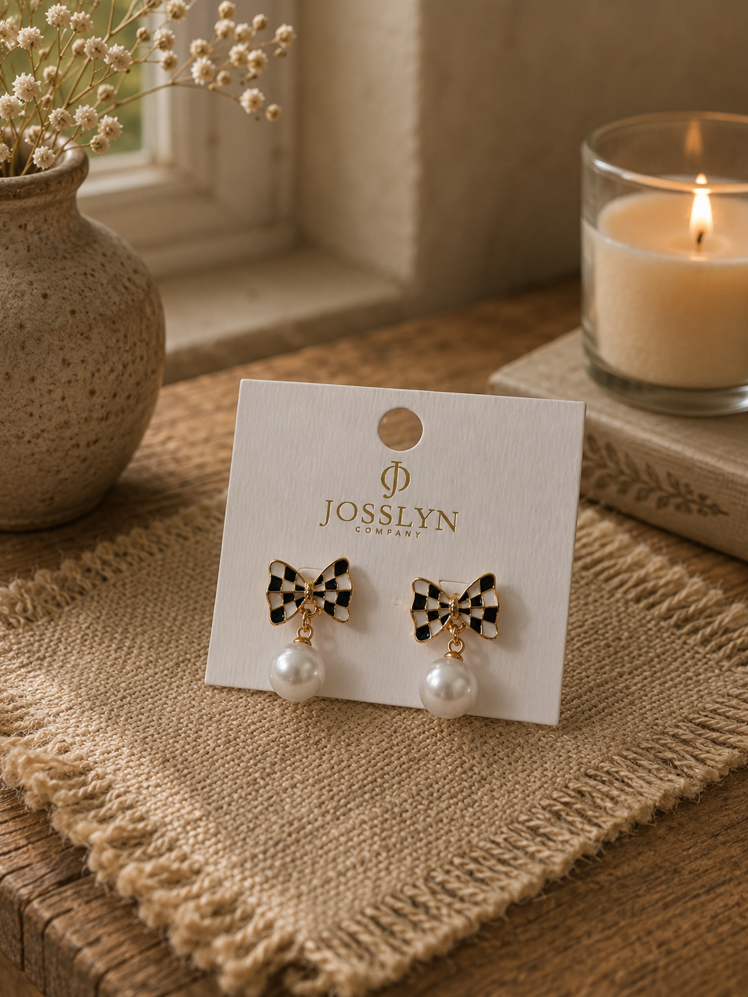 Checkered Bow Pearl Drop Earrings