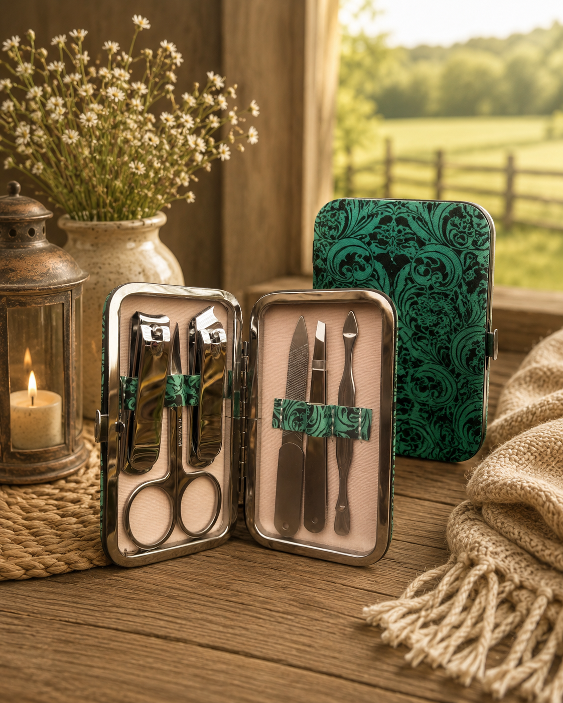 Green Damask Manicure Set in Snap Case