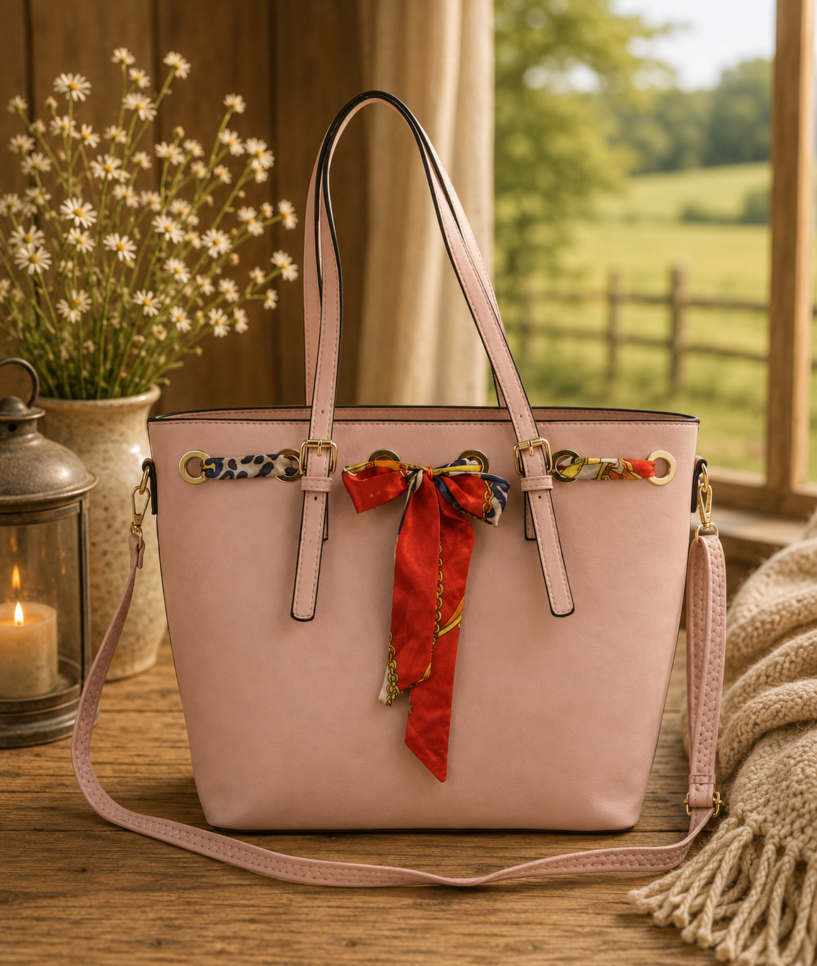 Blush Pink Scarf Bow Convertible Tote Bag