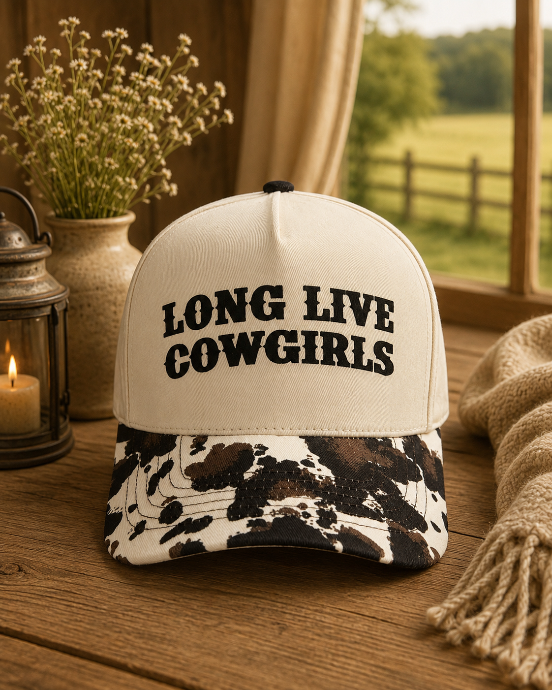 Long Live Cowgirls Cow Print Brim Baseball Cap