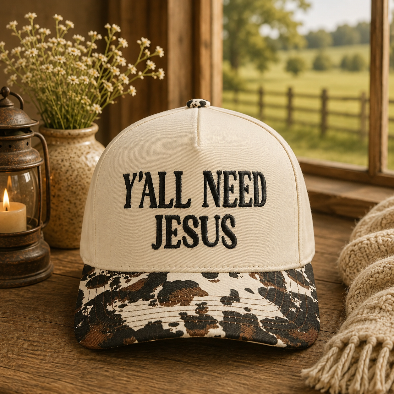 Y'all Need Jesus Cow Print Brim Baseball Cap