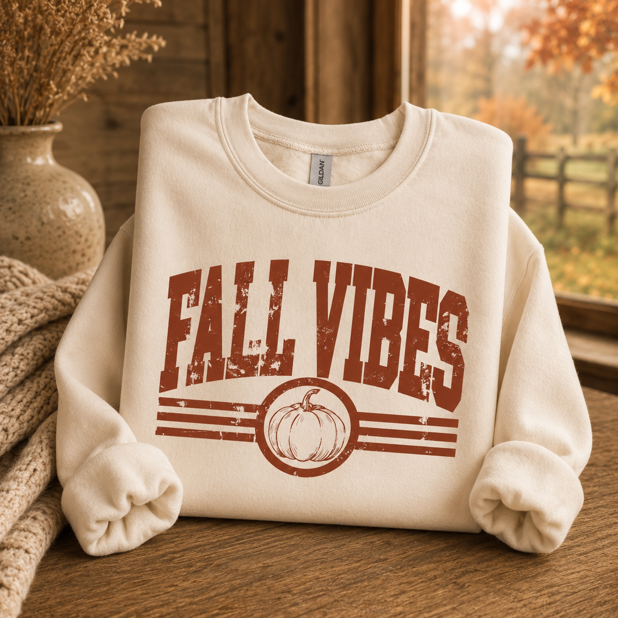 Fall Vibes Pumpkin Varsity Gildan Crewneck Sweatshirt