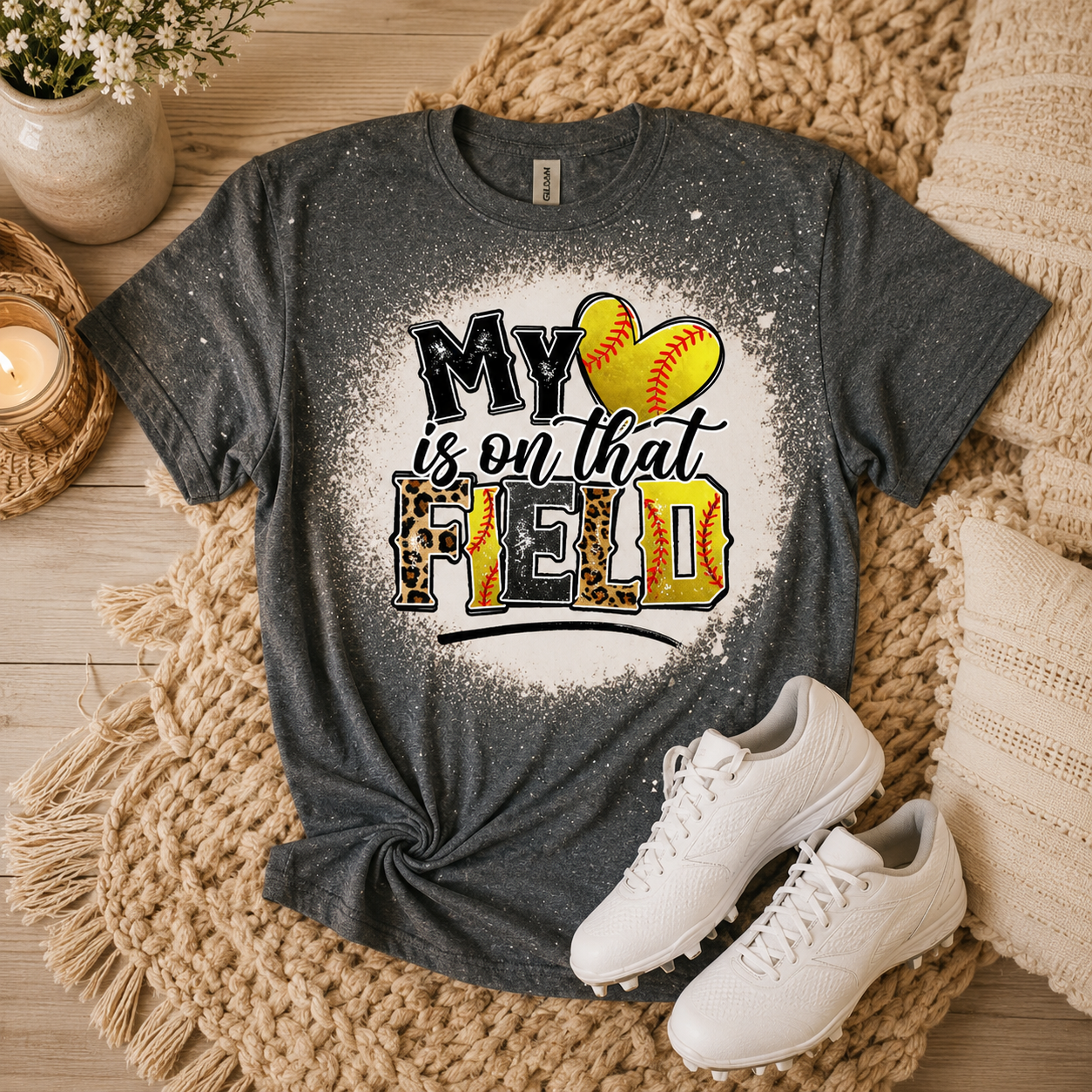 My Heart Is On That Field Softball Bleached Shirt