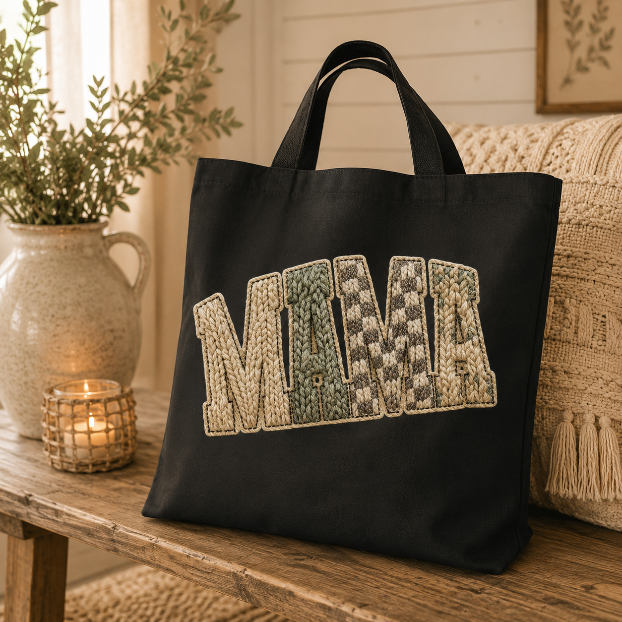 Faux yarn "MAMA" jumbo tote