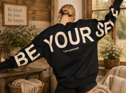 Woman wearing black oversized Be Yourself graphic sweatshirt with bold cream lettering on the back and sleeves